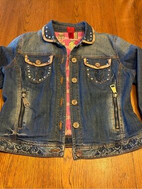 V CRISTINA Denim Stud-Embellished Faux Snake Skin Women's Jacket - Blue